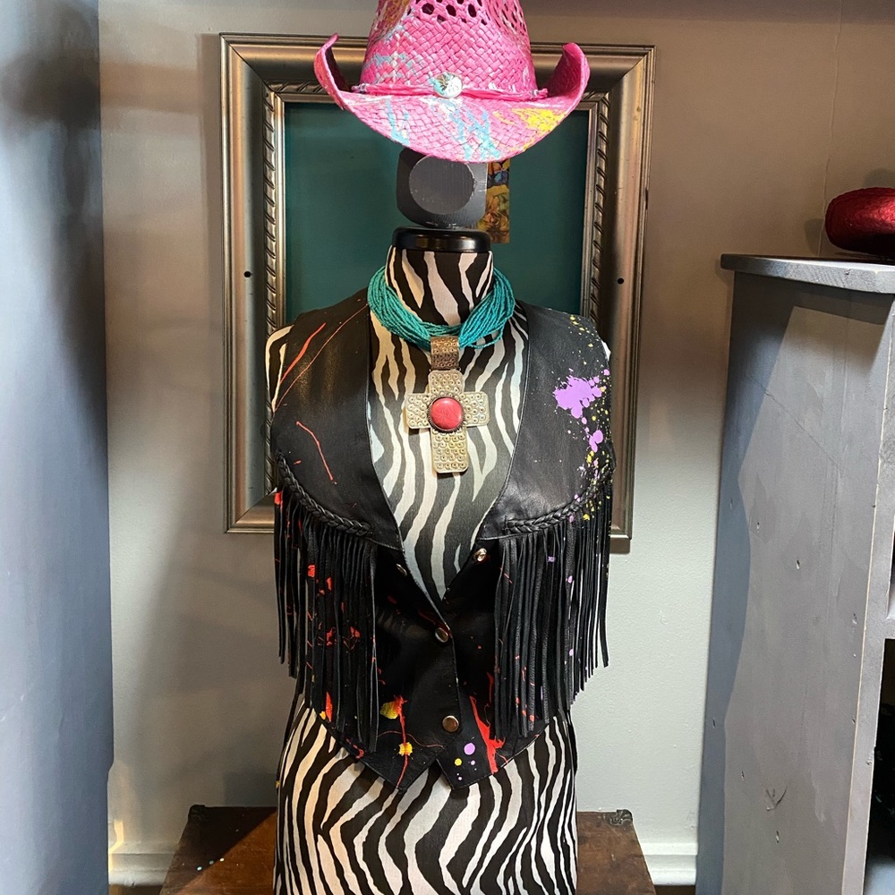 The Painted Midnight Maverick One-of-a-Kind Leather Vest with Drip Art & Fringe